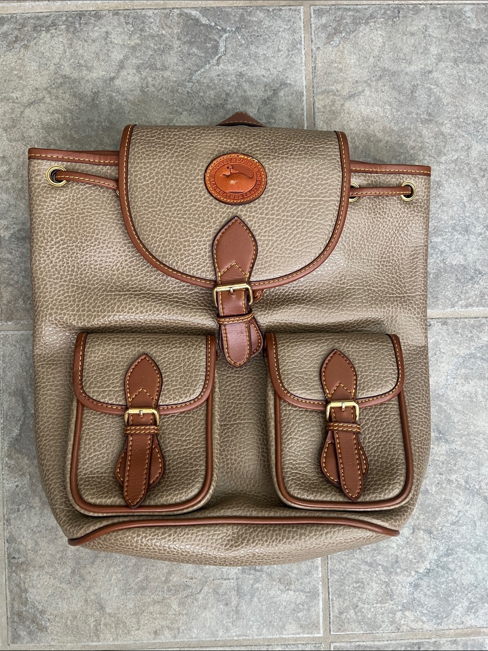 Dooney & Bourke Taupe Pebbled Leather Backpack with Brown Trim
